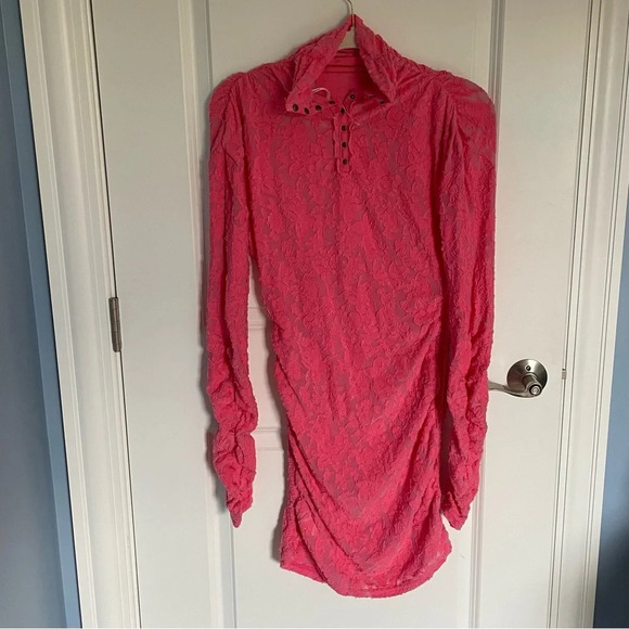 New! Free People long gathered sleeve lace mock neck Dress nwot 18588 - Picture 2 of 12